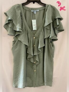Olive Green Ruffle V-Neck Blouse